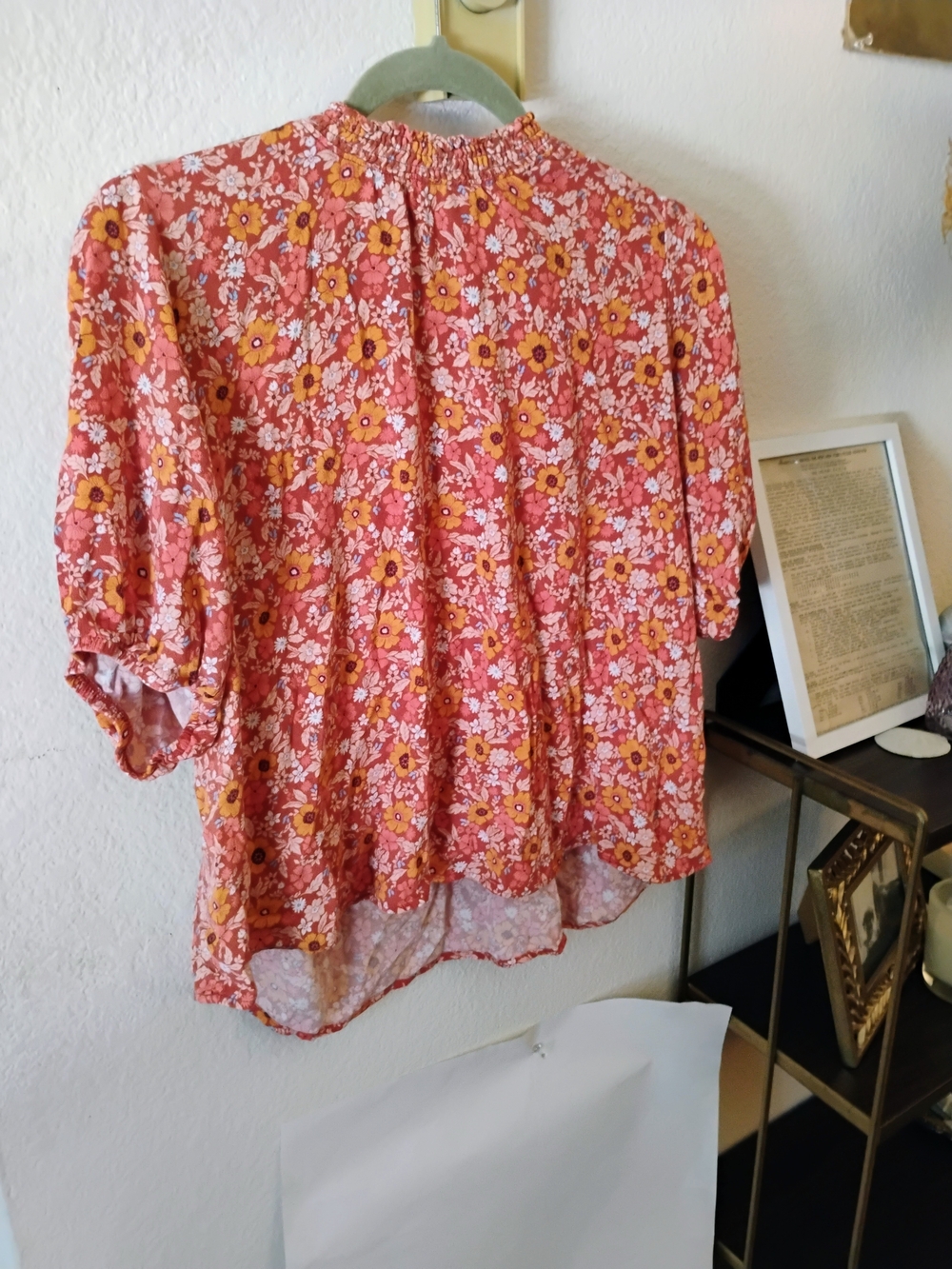 Knox Rose Floral Smocked High Neck Blouse Rust Orange Retro Balloon Sleeve Sz XL
